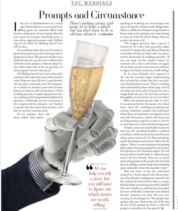 Town & Country Weddings feature "Prompts and Circumstance" quoting Dylan Hattem on AI and wedding speeches