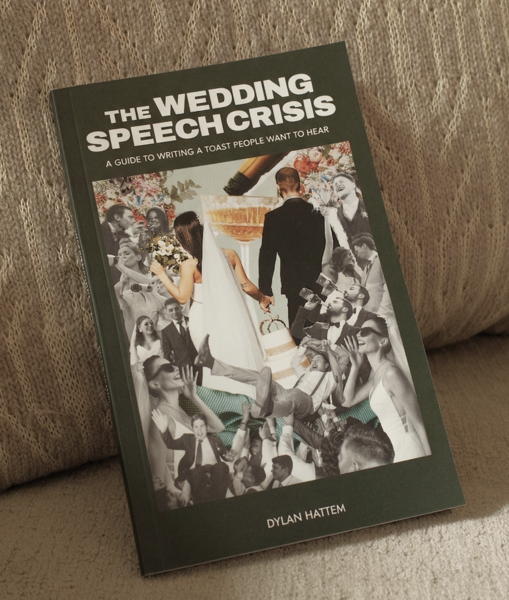 The Wedding Speech Crisis book propped against a woven cushion